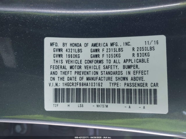 1HGCR2F98HA103162 Honda Accord Ex-l