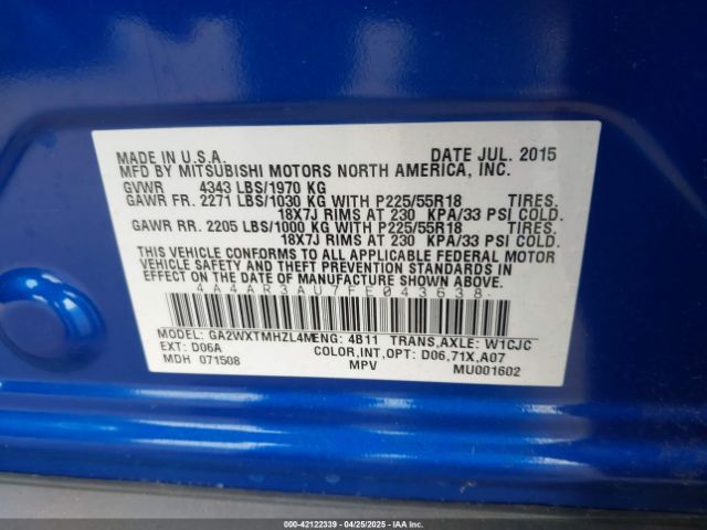 4A4AR3AU7FE043638 Mitsubishi Outlander Sport Es