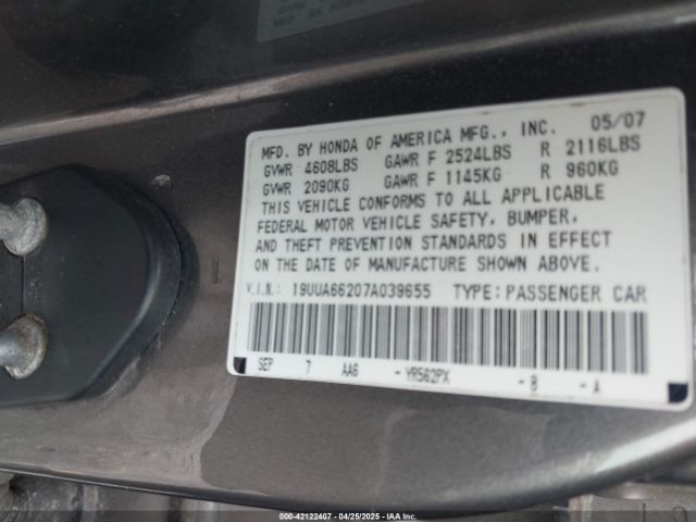 2007 ACURA TL 19UUA66207A039655 Photo 8