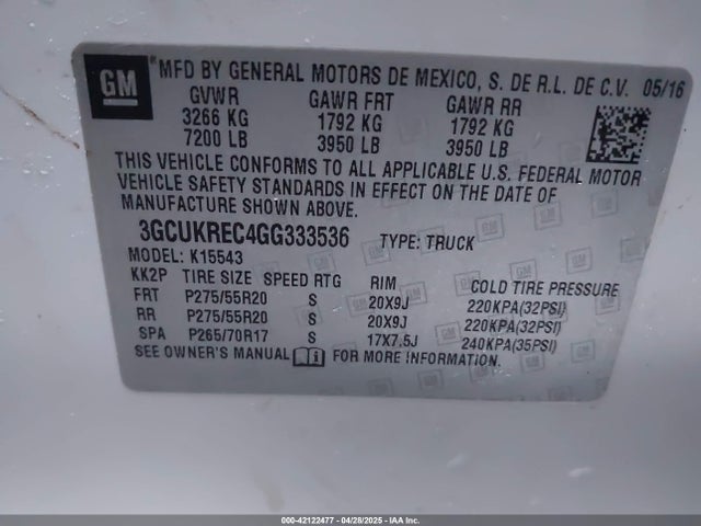 3GCUKREC4GG333536 Chevrolet Silverado K1500 Lt