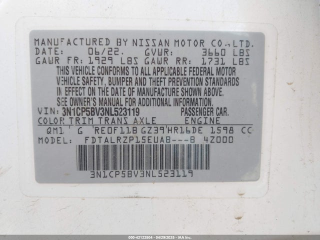3N1CP5BV3NL523119 Nissan Kicks S Xtronic Cvt