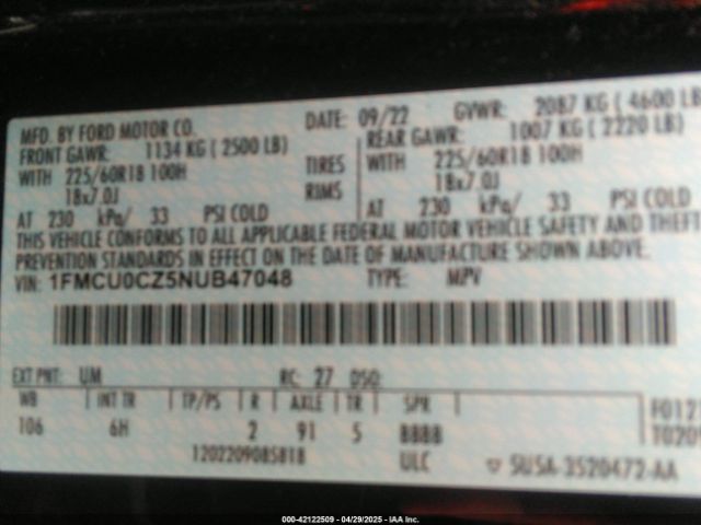 1FMCU0CZ5NUB47048 Ford Escape Sel Hybrid
