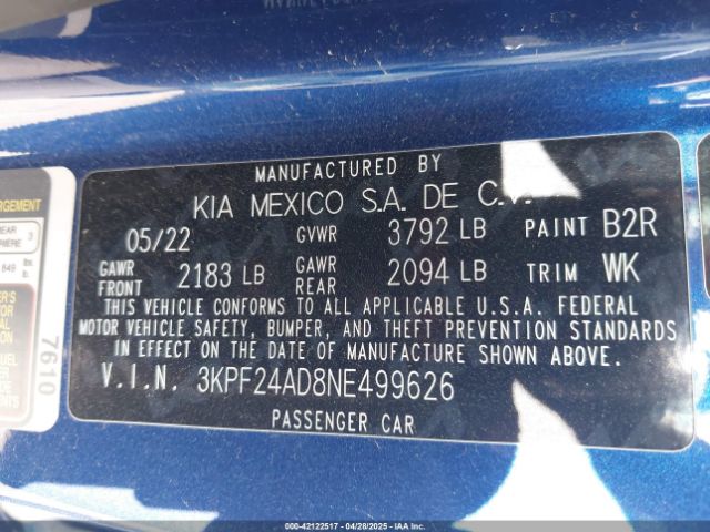 3KPF24AD8NE499626 KIA Forte Lxs