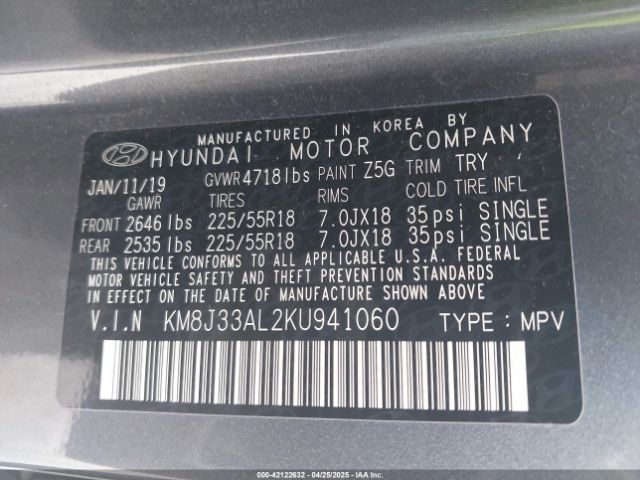KM8J33AL2KU941060 Hyundai gdi theta ii