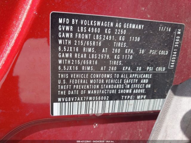 WVGBV7AX7FW056002 Volkswagen TIGUAN S