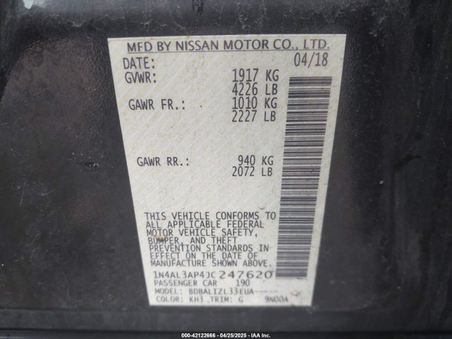 1N4AL3AP4JC247620 Nissan Altima 2.5 Sv