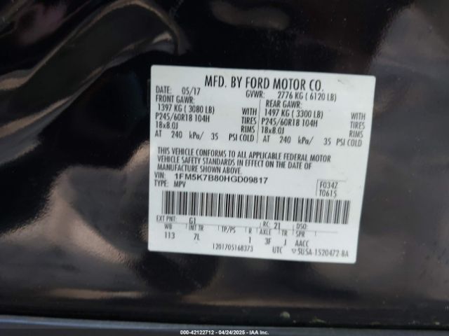 1FM5K7B80HGD09817 Ford Explorer