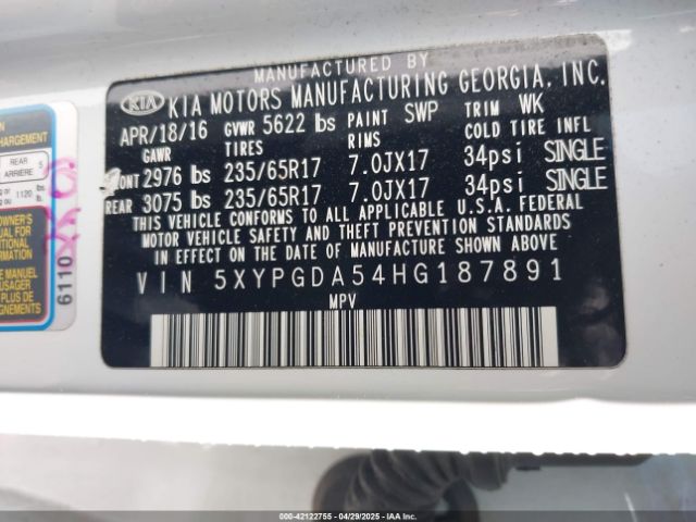 5XYPGDA54HG187891 KIA Sorento 3.3l Lx