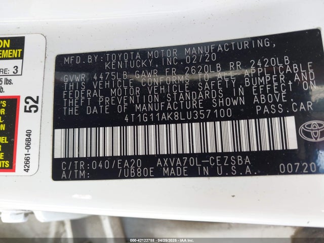 4T1G11AK8LU357100 Toyota CAMRY SE