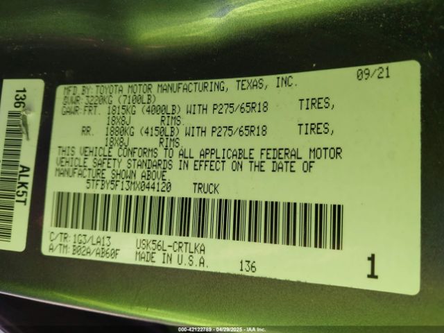 5TFBY5F13MX044120 Toyota Tundra Limited