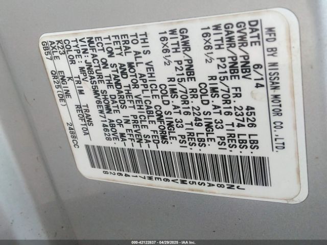 JN8AS5MV6EW714628 Nissan Rogue Select S