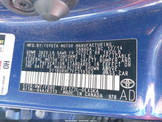 2T1BURHE7FC319363 Toyota Corolla S Plus