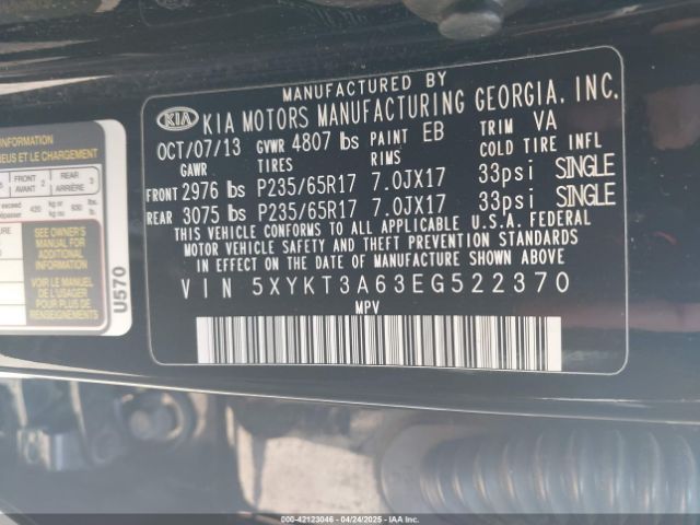 5XYKT3A63EG522370 KIA SORENTO LX