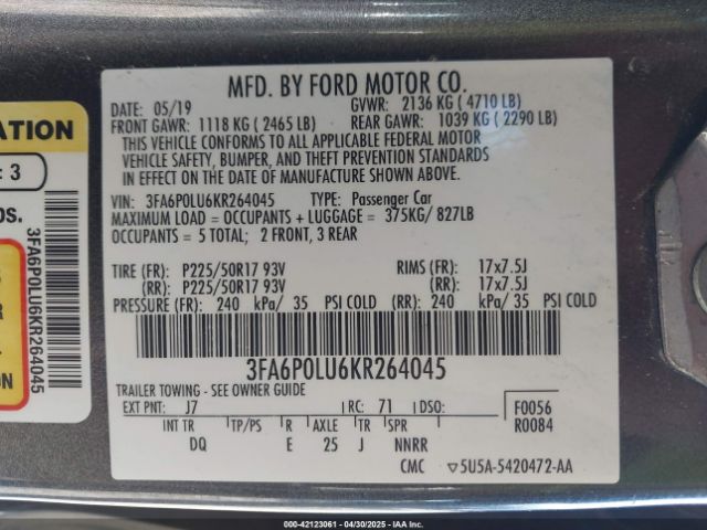 3FA6P0LU6KR264045 Ford Fusion Hybrid Se