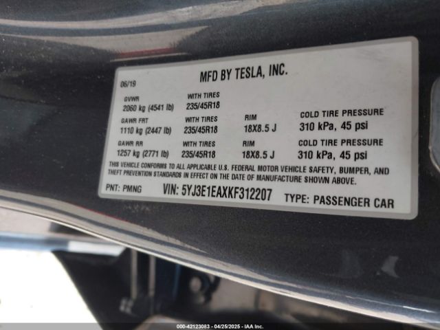 5YJ3E1EAXKF312207 Tesla Model 3 Long Range/mid Range/standard Range/standard Range Plus