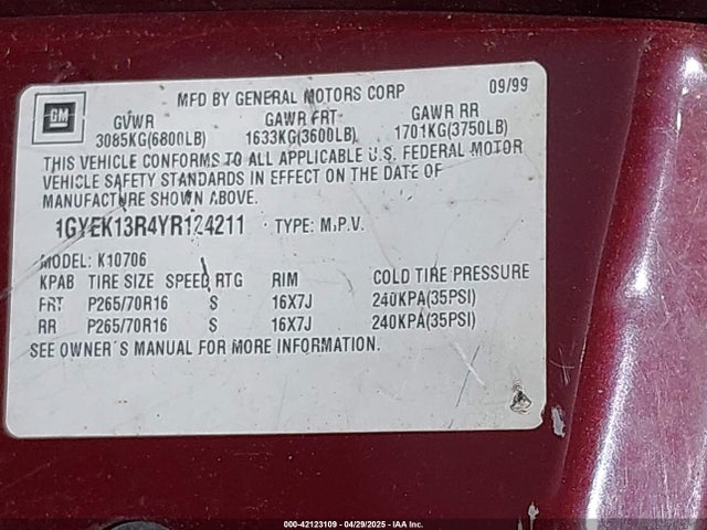 2000 CADILLAC ESCALADE 1GYEK13R4YR124211 Photo 8