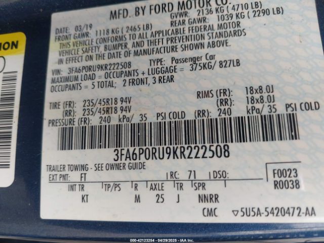 3FA6P0RU9KR222508 Ford Fusion Hybrid Titanium