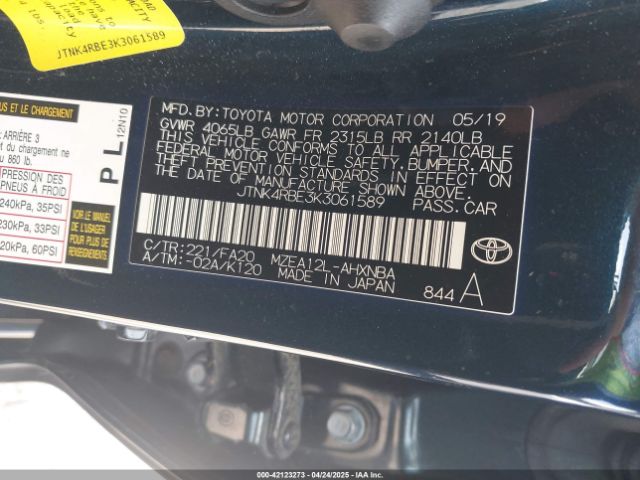 JTNK4RBE3K3061589 Toyota COROLLA SE