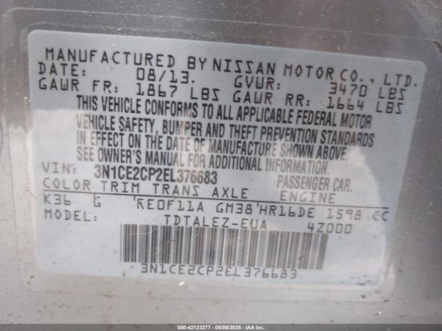 3N1CE2CP2EL376683 Nissan Versa Note Sv