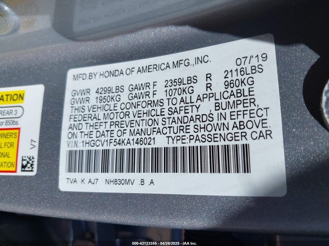 1HGCV1F54KA146021 Honda Accord Ex-l