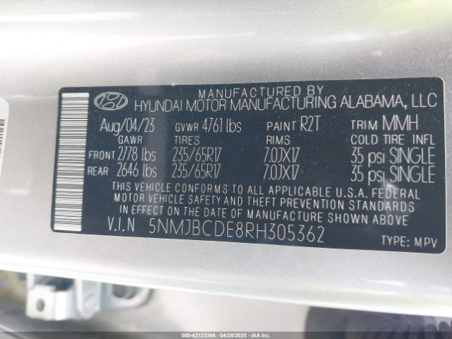 5NMJBCDE8RH305362 Hyundai TUCSON SEL
