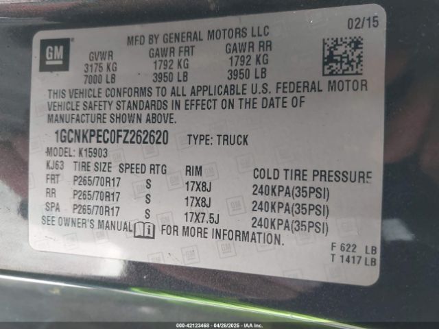 1GCNKPEC0FZ262620 Chevrolet Silverado 1500 Wt