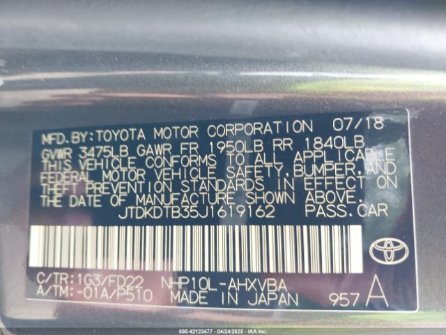 JTDKDTB35J1619162 Toyota Prius C One