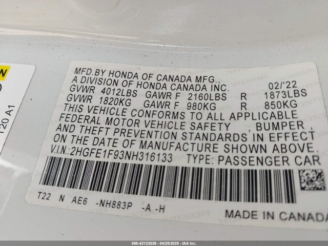 2HGFE1F93NH316133 Honda Civic Touring