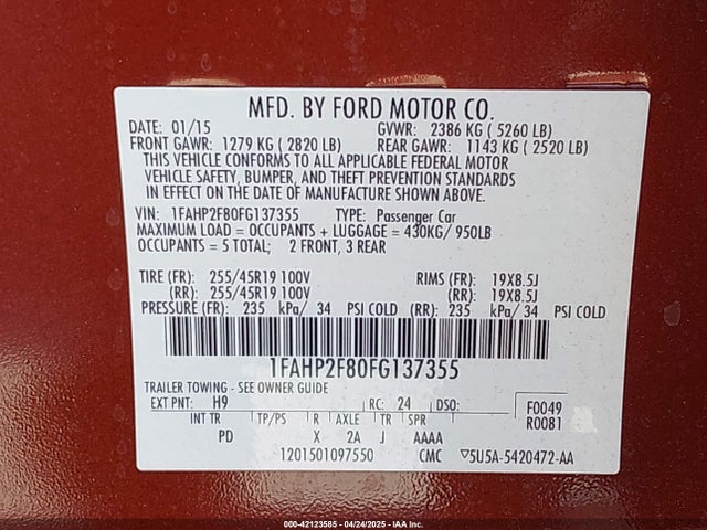 Ford Taurus Limited 2015 1FAHP2F80FG137355 Image 9