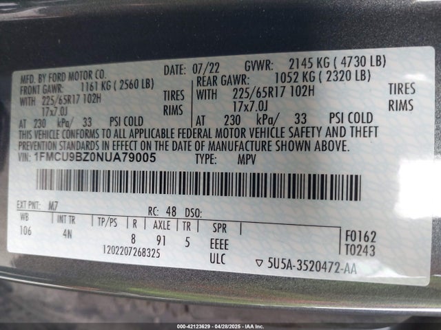 1FMCU9BZ0NUA79005 Ford Escape Se Hybrid