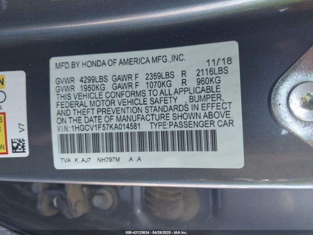 1HGCV1F57KA014581 Honda Accord Ex-l
