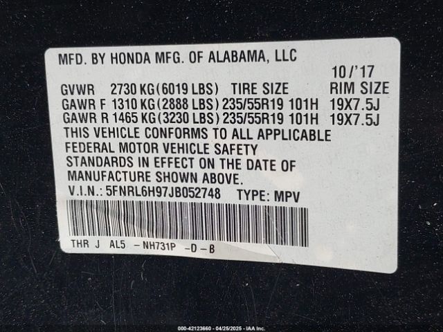 5FNRL6H97JB052748 Honda Odyssey Elite