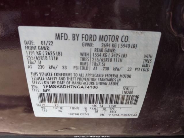 1FMSK8DH7NGA74186 Ford EXPLORER XLT
