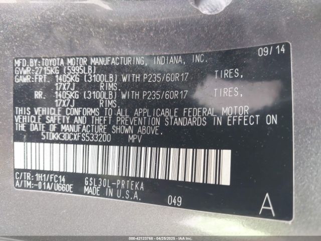 5TDKK3DCXFS533200 Toyota Sienna Le 8 Passenger