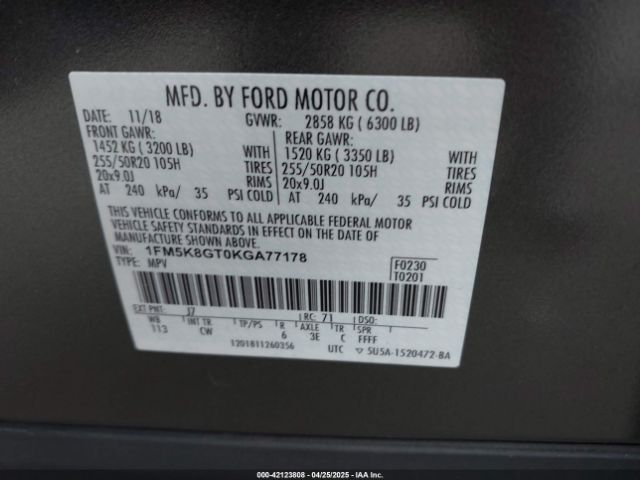 1FM5K8GT0KGA77178 Ford EXPLORER SPORT