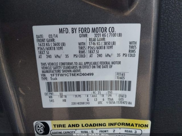 1FTFW1CT6EKD60499 Ford F-150 Lariat
