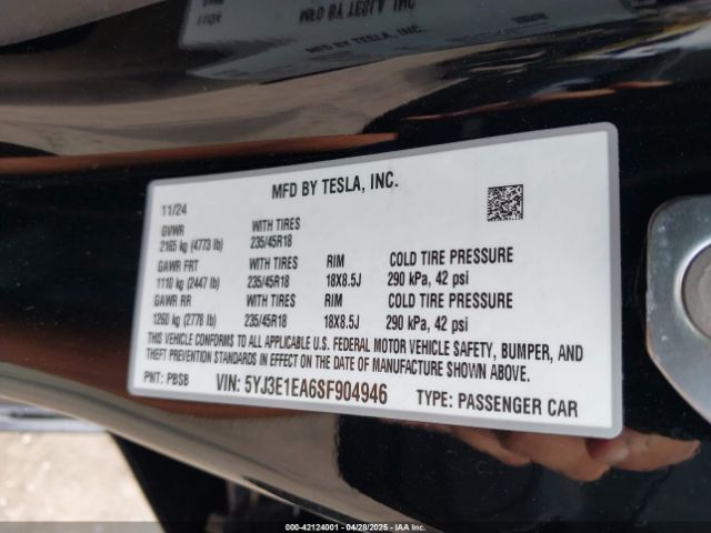 2025 TESLA MODEL 3 5YJ3E1EA6SF904946 Photo 8