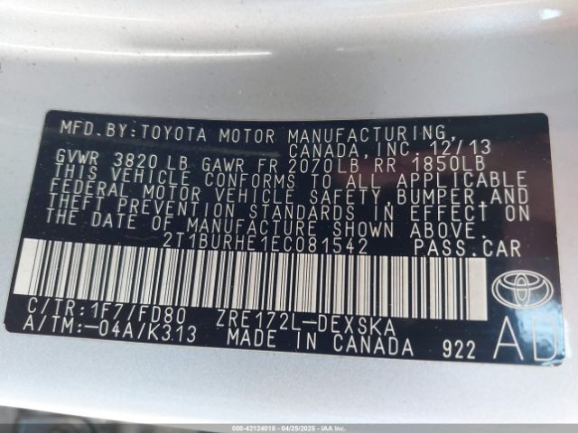 2T1BURHE1EC081542 Toyota Corolla S Plus
