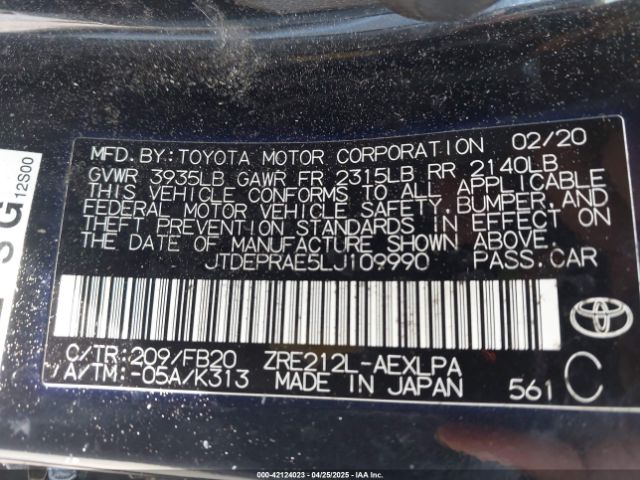 JTDEPRAE5LJ109990 Toyota COROLLA LE