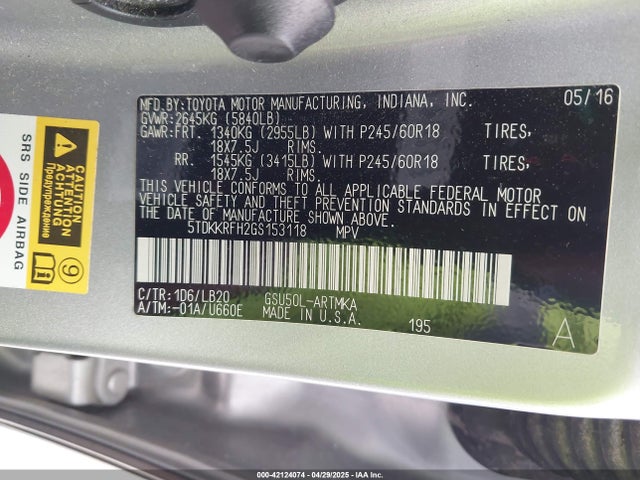 5TDKKRFH2GS153118 Toyota 2gr-fe