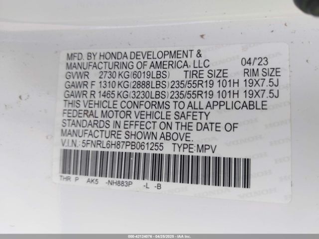 5FNRL6H87PB061255 Honda Odyssey Touring