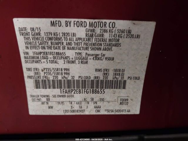 1FAHP2E81FG188655 Ford TAURUS SEL