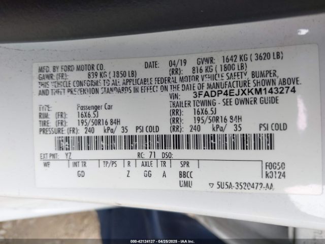 3FADP4EJXKM143274 Ford FIESTA SE