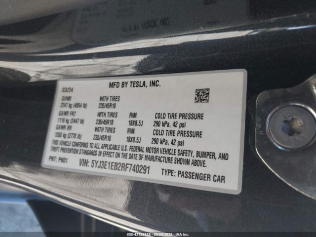5YJ3E1EB2RF740291 Tesla Model 3 Long Range Dual Motor All-wheel Drive