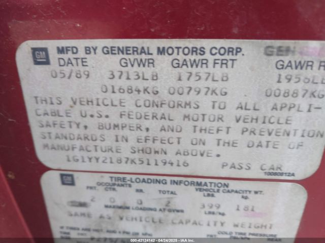 1989 CHEVROLET CORVETTE 1G1YY2187K5119416 Photo 8