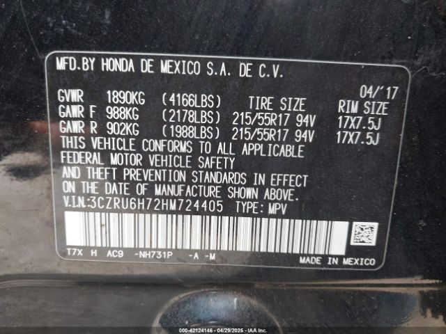 3CZRU6H72HM724405 Honda Hr-v Ex-l