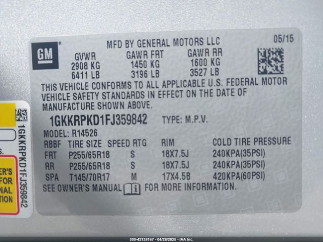 1GKKRPKD1FJ359842 GMC Acadia Sle-2