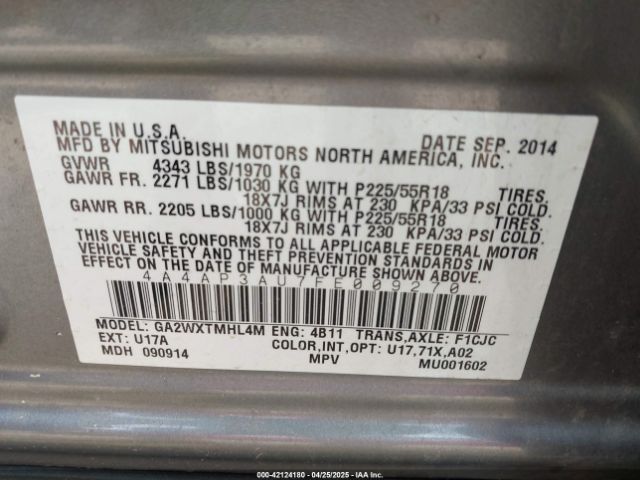 4A4AP3AU7FE009270 Mitsubishi Outlander Sport Es