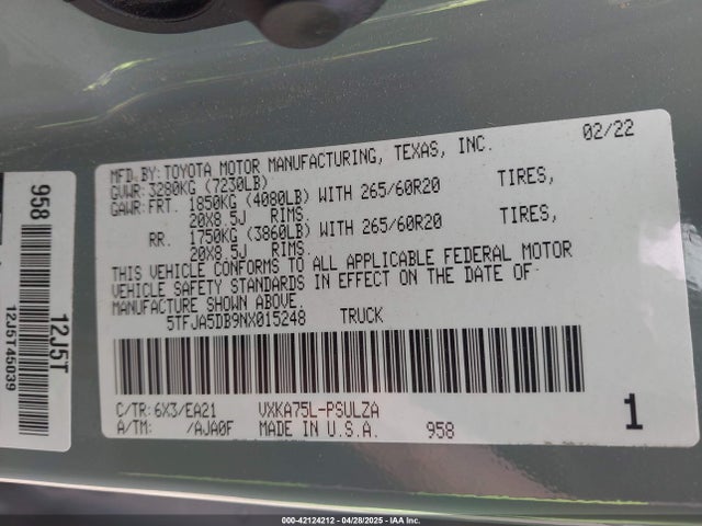 5TFJA5DB9NX015248 Toyota Tundra Limited