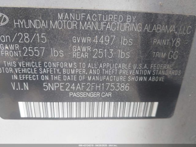 5NPE24AF2FH175386 Hyundai SONATA SE